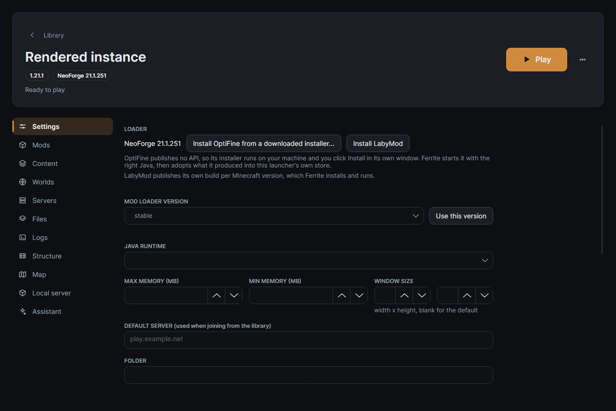 Ferrite instance overview with version, loader and launch controls
