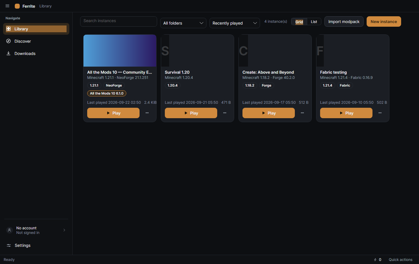Ferrite Library showing four Minecraft instances with versions, loaders and play controls