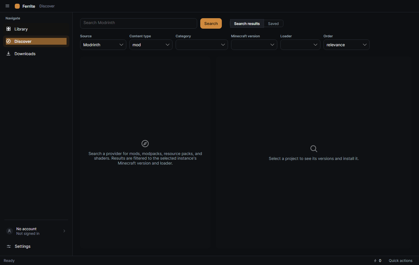 Ferrite Discover view with search, filters and mod content results